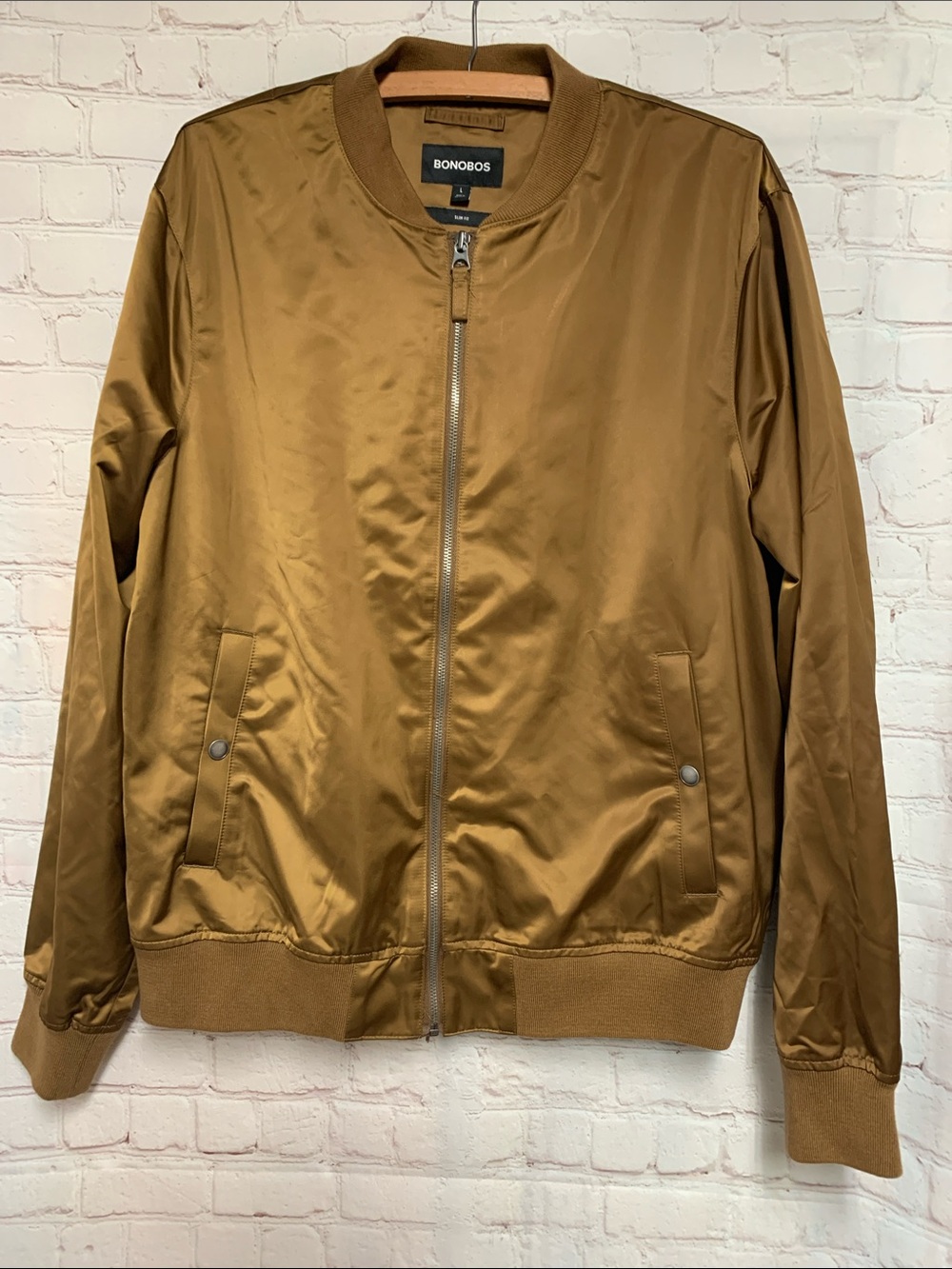 Bonobos Boulevard Caramel Copper Satin Bomber Jacket Size L - Picture 2 of 4